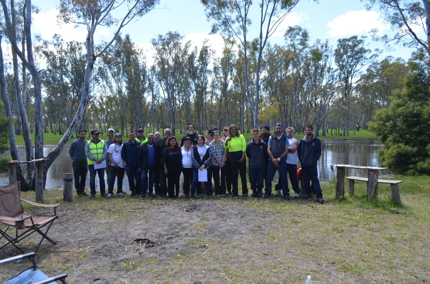 Participants on the Towards Cultural Flows Glenelg River Trip at Fulham reserve – including BGLC, Gunditjmara Traditional Owners, MLDRIN and CMA staff