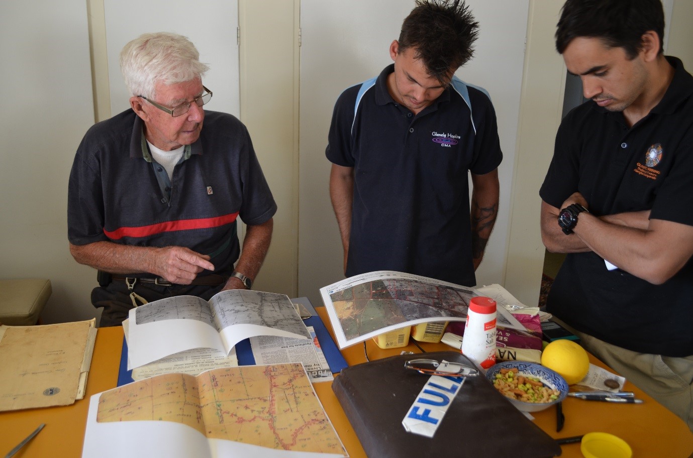 Ron Elliott (a landholder near Harrow), Ryan Jones (GHCMA) and Tyson Lovett-Murray (Gunditj Mirring) on a Yarns on Farms visit.